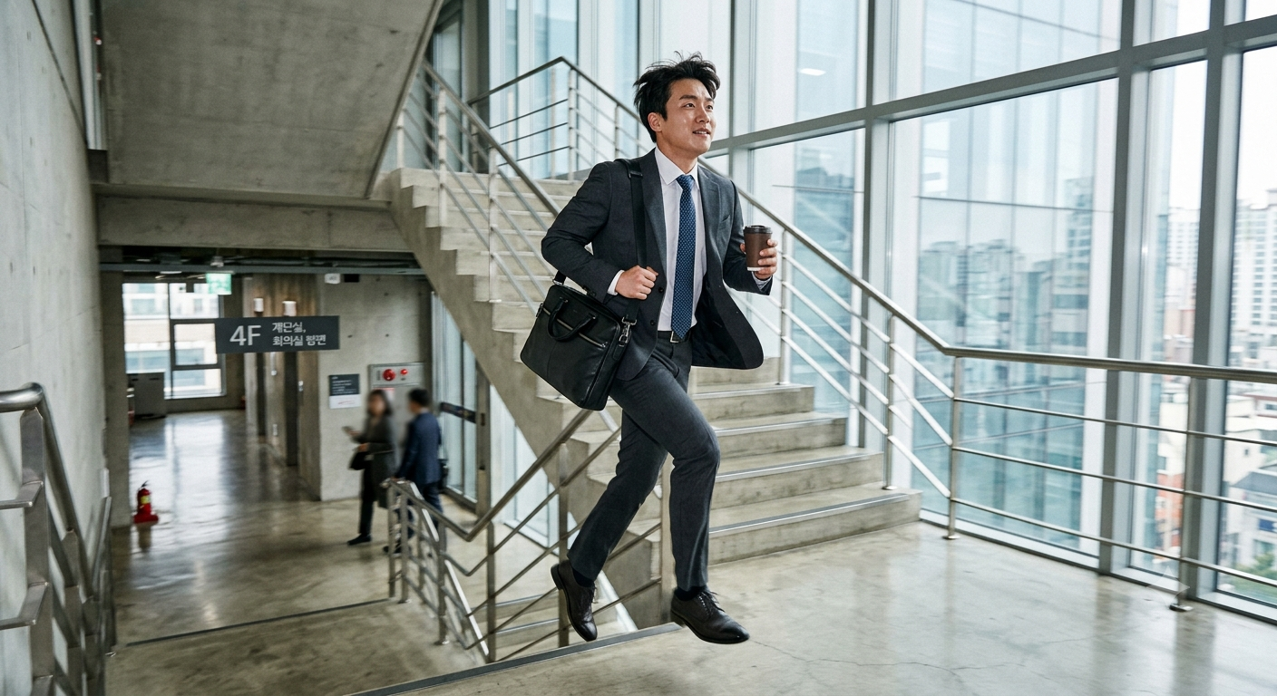 스낵 워크아웃으로 사무실 계단을 오르는 직장인