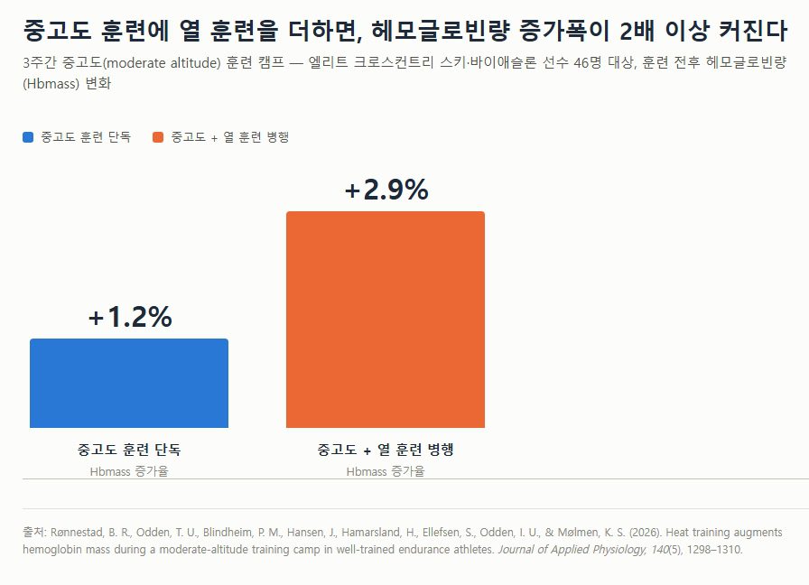 중고도 훈련과 열 훈련 병행의 헤모글로빈량 증가율 비교 인포그래픽